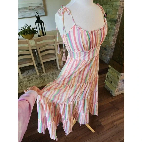 ChicWish Rainbow Pastel Striped Multicolor Maxi with Tassels Dress Boho Size M - Picture 3 of 10